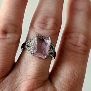 Pink Emerald Cut Rhinestone Statement Ring Silver Tone Crystal Accents Size 9